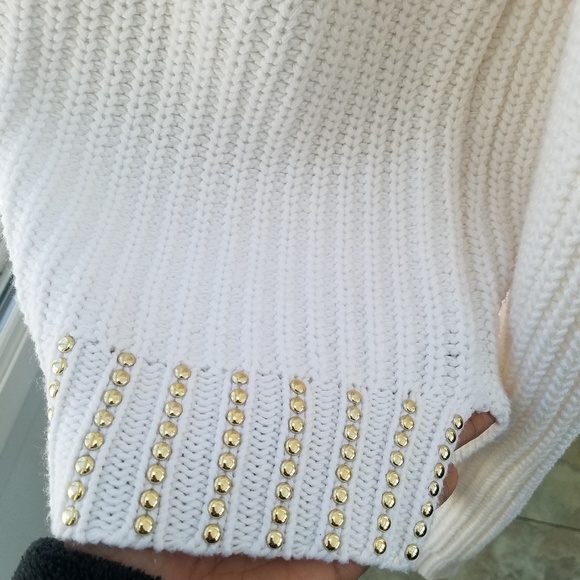 Michael Kors White Knit Gold Studded Stripe Hem Crewneck Sweater - Picture 5 of 8